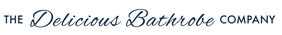 A minimalist logo graphic featuring the text 'THE Delicious Bathrobe COMPANY' in dark navy blue script and serif lettering, centered within a thin dark navy rectangular border on a solid white background.